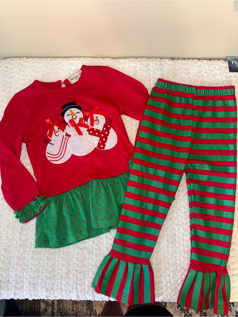 Girls Red and Green Snowman Set